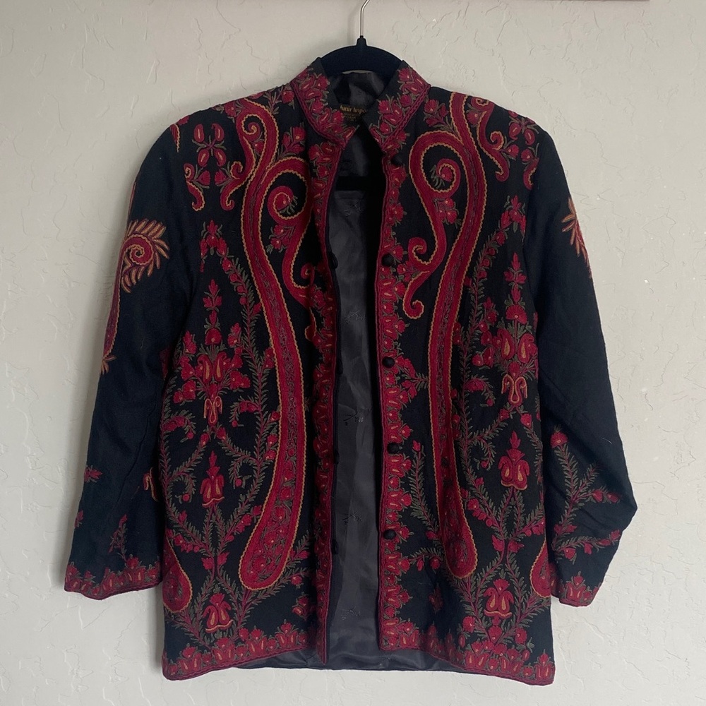 Kashmir Imports Black Red Embroidered Floral Button Jacket Women's Long Sleeve S